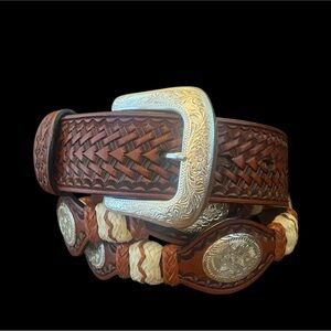 Hand Tooled Brown Leather Belt with Silver-Style Conchos and Buckle (Unisex)
